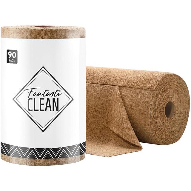 Fantasticlean Microfiber Cleaning Cloth Roll -90 Pack, Tear Away Microfiber Towels, 12" x 12", Reusable, Washable, Scratch Free, Ultra Absorbent Dish Rags for Car, Home, Garage or Shop (Tan)