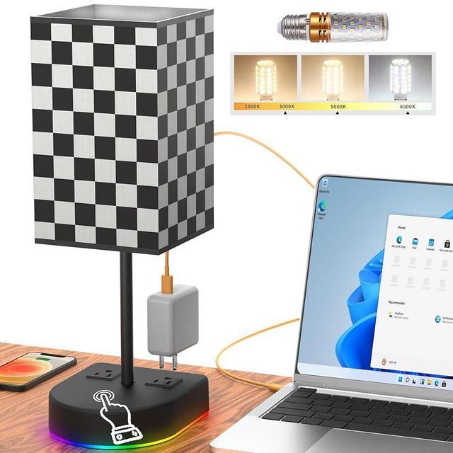 BGMUTCX Touch Control Bedside Table Lamp with 12W LED Light Bulb and Chess Board Fabric Shade,2 AC Outlet, 3 Color Modes,for Bed Room/Nightstand/Office/Living Room Guest Room