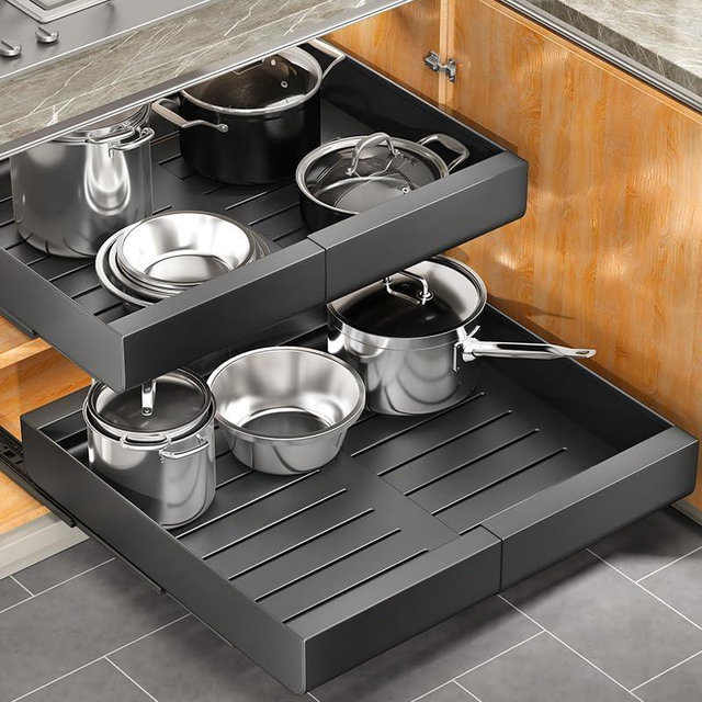 Pull out Cabinet Organizer, Expandable(11.7"-19.7") Heavy Duty Slide out Drawers Fixed with Adhesive Nano Film for Pots, Roll out Shelf Storage for Kitchen Base Cabinet Organization