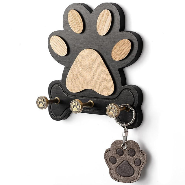 MTERSE Pine Wood Key Holder Wall Mount – Cute Dog Paw Key Hooks for Dog Leash Holder & Coat Rack for Entryway, Bedroom, or Living Room – Rustic Farmhouse Wall Decor for Home Organization (Black)
