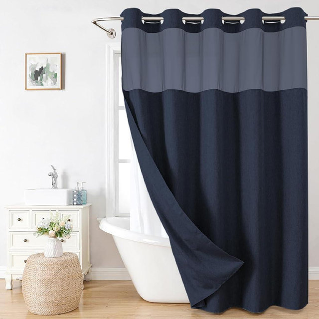 eachope No Hooks Needed Linen Textured Shower Curtain with Snap-in Fabric Liner Set,Hotel Luxury Decor Waterproof Shower Curtains for Bathroom with Mesh Top Window,Washable,71Wx74H,Navy Blue
