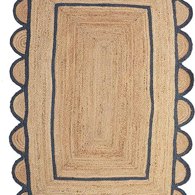 KLAVATE Scalloped Multi Border Decor Braided Jute Collection Classic Quality Made Natural Hand Woven Area Rug (2x3, Navy)