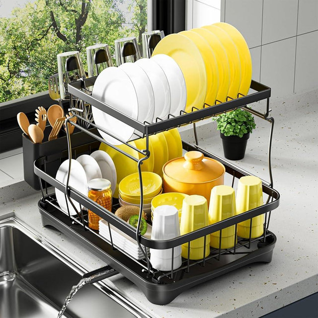 arshray Dish Drying Rack 2-Tier Dish Racks for Kitchen Counter, Adjustable Spout Auto-Draining Dish Rack, Large Capacity for Plates, Bowls, Cups, Tableware，Dish Drainer with Drainboard,Black