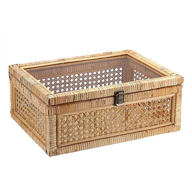 Hipiwe Vintage Decorative Box with Clear Lid Rattan and Wood Display Boxes Handcrafted Shelf Basket Bin Wicker Storage Basket Rectangular keepsakes Box for Bathroom Home Decor, 14x10x5.7 inch