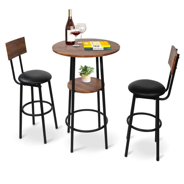 LUCKYERMORE Round Bar Table and Chairs Set for 2,2-Tier Table & PU Upholstered Stools with Backrest,Round footrest for Kitchen Small Space Mid Century Farmhouse