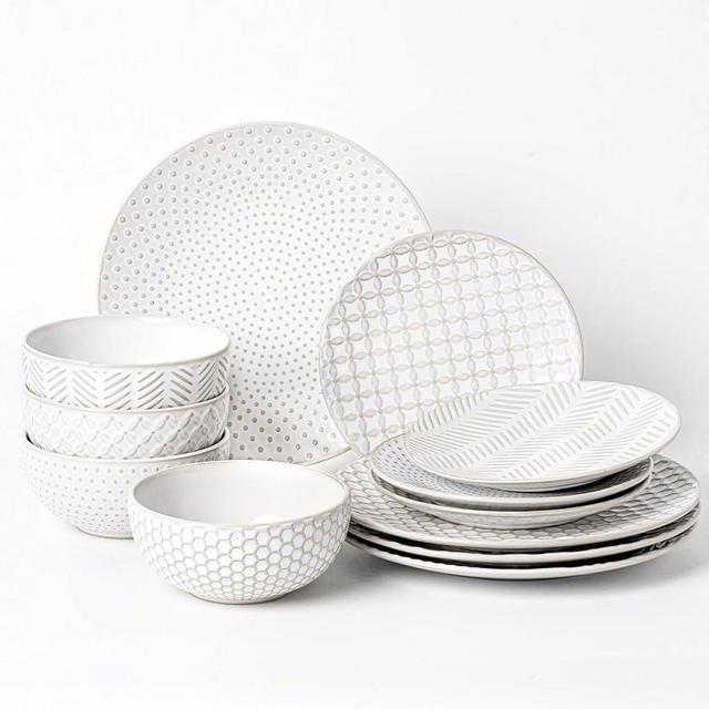 FOBENTA Dinnerware Sets for 4, Microwave Safe Plates and Bowls Sets, 12 Piece Lena Round Dish Set, Home Essentials Stoneware Embossment Dinnerware Set, Housewarming Gift
