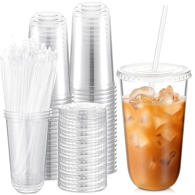 Ziliny 50 Sets Clear Plastic Cups with Lids and Straws, Disposable Iced Coffee Cups Drinking PET for Cold Drinks, Juice, Smoothie, Coffee Shops, Party, Christmas(Clear,18 oz)