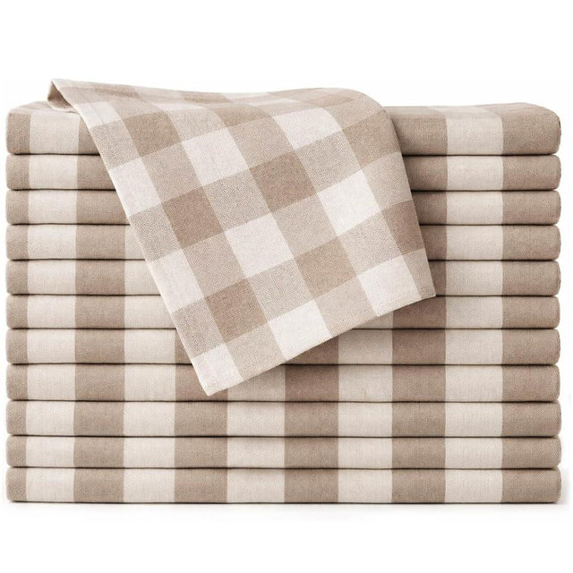 Ivy Heritage Cloth Napkins Set of 12, 100% Cotton Reusable Gingham Printed Dinner Napkins, 18x18 Inch Washable Table & Kitchen Napkins for Home, Dining, Entertaining – Beige & Sand