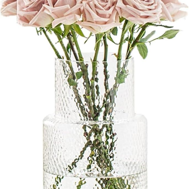Large Glass Vase - Clear Ribbed Vase - Fluted Flower vase for Modern Home Décor - Glass vases for Centerpieces - Living Room, Dining Table, Shelf, Entryway, Office, Wedding Centerpieces