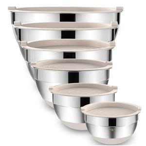 Umite Chef Mixing Bowls with Airtight Lids, 6 piece Stainless Steel Metal Nesting Storage Bowls, Non-Slip Bottoms Size 7, 3.5, 2.5, 2.0,1.5, 1QT, Great for Mixing & Serving (Khaki)