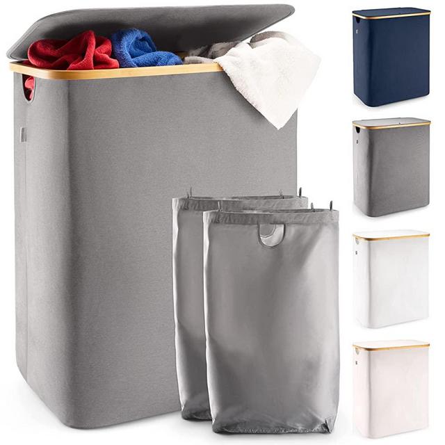 Lonbet - Grey Laundry Hamper with Lid - Laundry Basket with Lid XXL 150 L - Hampers for Laundry Bags with Handles - Clothes Hamper for Bedrooms - Hamper with Lid and Bamboo for Bathroom Laundry Bin