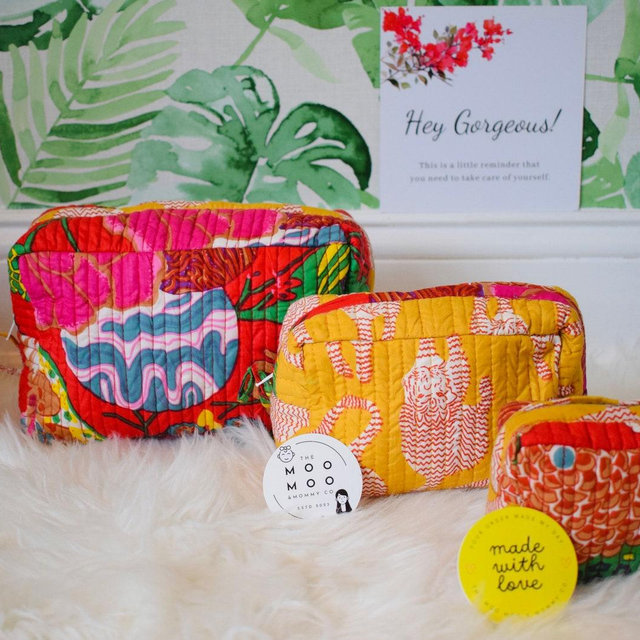 Set of 3 Toiletry Bags Quilted Pouches Indian Block Printed Bags Cotton Makeup Bag Gift for her Birthday Gift Ideas for Women Utility Pouch