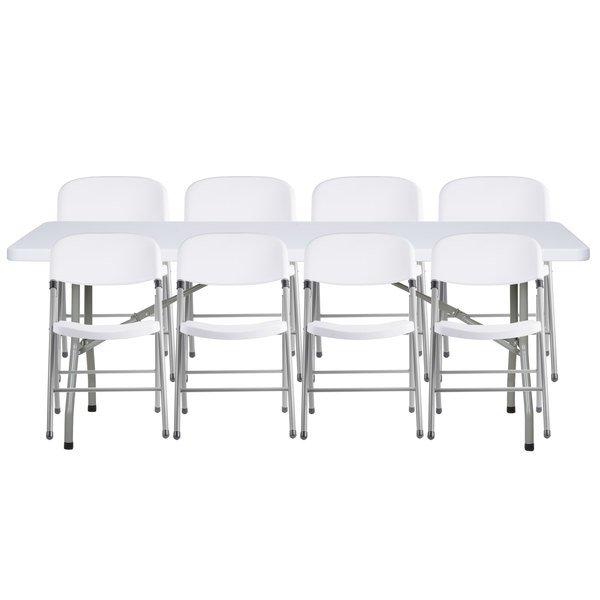 Lancaster Table & Seating 30" x 72" Granite White Heavy Duty Blow Molded Plastic Folding Table with 8 White Folding Chairs