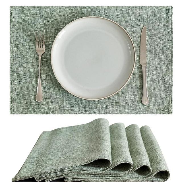 JINCHAN Cloth Placemats Set of 4 Faux Linen Placemats Burlap Textured Fabric Durable Table Mats Farmhouse Placemats for Dining Table Double Layer Heat Resistant Tablemats 13x19 Inch Heathered Green