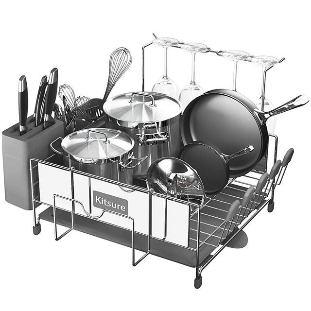 Kitsure Dish Drying Rack, Large Kitchen Dish Rack and Drainboard Set with Easy Installation, Durable Stainless Steel Dish Rack for Counter with Drainage and Anti-Slip Silicone Caps