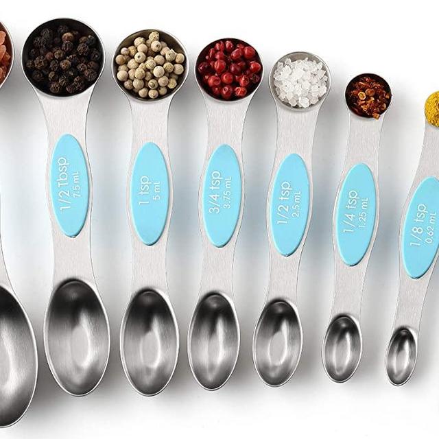 Spring Chef Magnetic Measuring Spoons Set, Dual Sided, Stainless Steel, Fits in Spice Jars, Aqua Sky, Set of 8