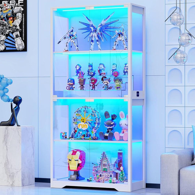 BROTTAR Display Cabinet with Glass Doors, 4-Tier Curio Cabinet with 3 Color Lights for Collectibles, Glass Display Case with Human Body Sensor, Bookcase with 4 Shelves, Storage Cabinets, White