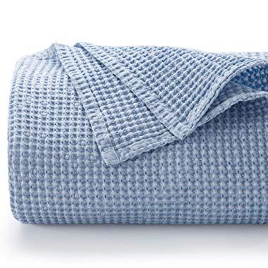 Bedsure 100% Cotton Blanket - Waffle Pattern for Home Decoration - Perfect for Layering Any Bed for All-Season - Queen Size (90 x 90 inches), Blue