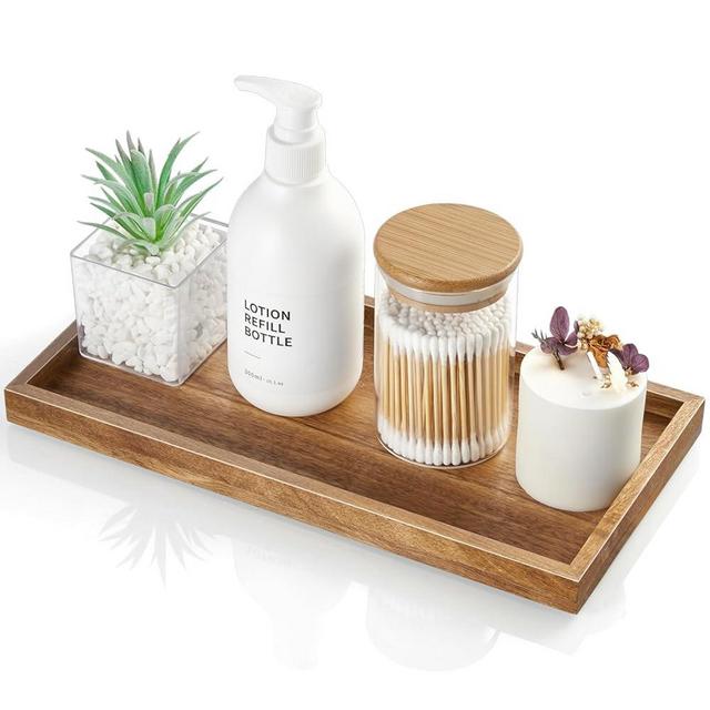 ALELION 11.7" Bathroom Vanity Tray for Counter - Acacia Wood Decorative Tray for Toilet Tank Makeup Perfume Jewelry Catchall Coffee Table - Wooden Kitchen Countertop Organizer for Soap Dispenser