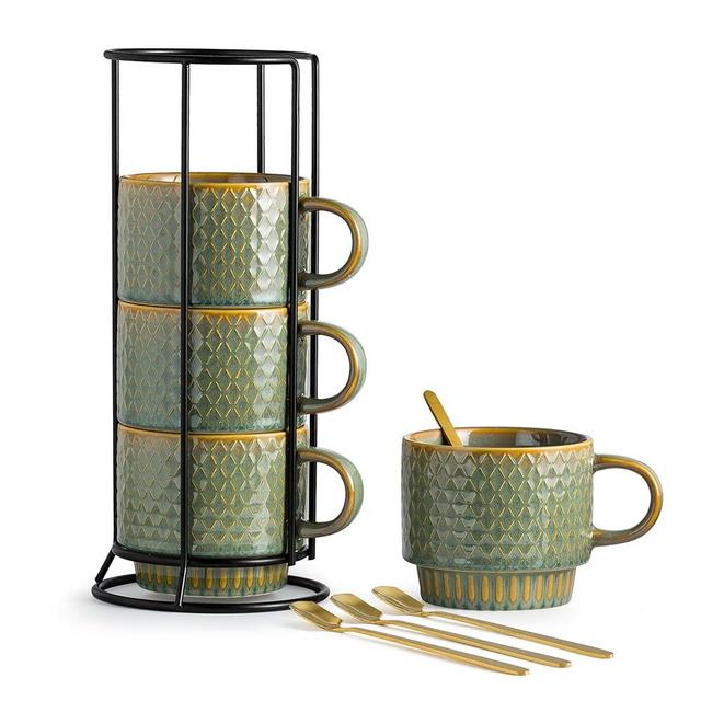 LYEOBOH Coffee Mug, Coffee Mugs Set of 4, Stackable Coffee Mugs with Rack and Spoons - 13 Oz Coffee Cup Set with Stand, Ceramic Coffee Mugs for Home & Kitchen, Blue and Green