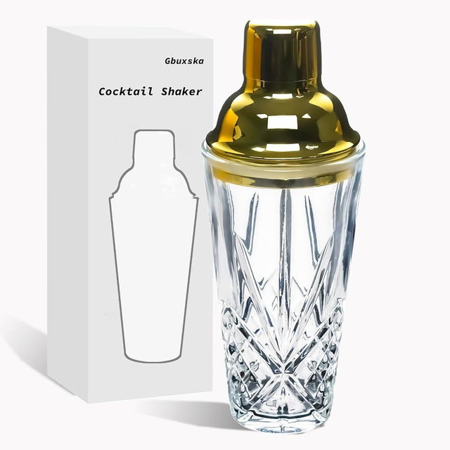 Gbuxska Glass Cocktail Shaker Kit, 14.5 Ounce Martini Mocktail Making Set with Leakproof Metallic Steel Lid & Strainer for Home Use & Bar Cart Gold