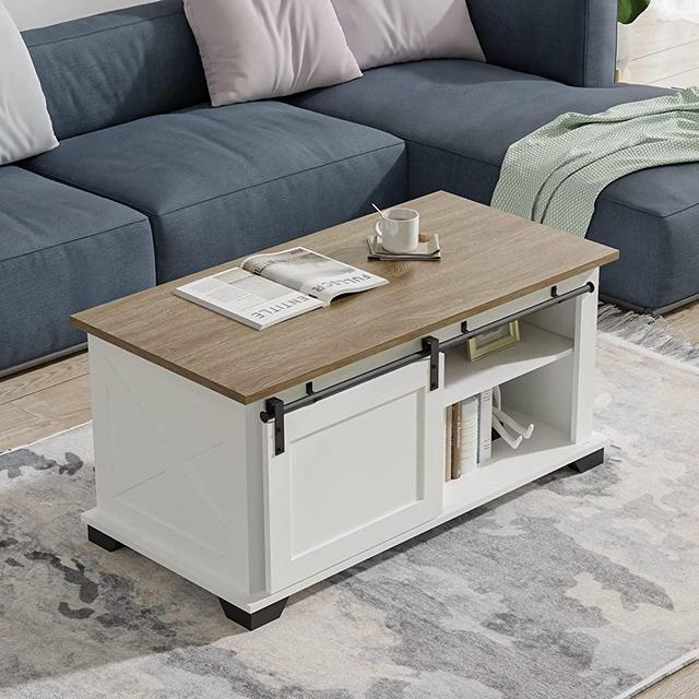 Cozy Castle White Farmhouse Coffee Table, Modern Living Room Table with Storage Shelf and Sliding Barn Door for Living Room, Home, Office