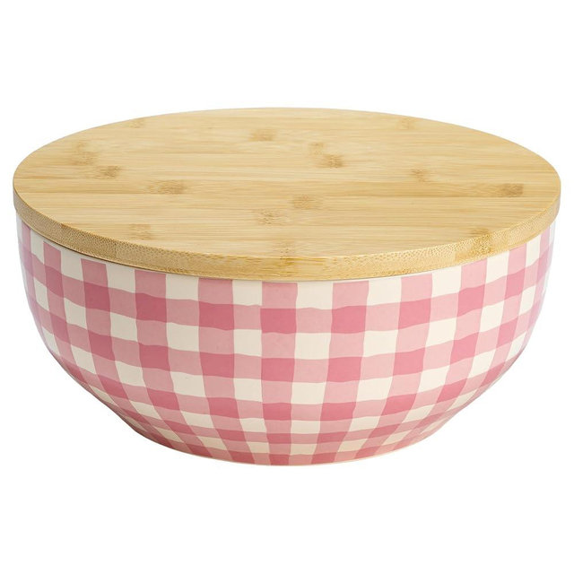 Paris Hilton Serving Bowl with Bamboo Lid, Stoneware Salad Bowl with Pink Gingham Print Exterior, Lid Doubles as Cutting Board, 10-Cup, Pink