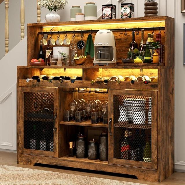 Loomie Wine Bar Cabinet with LED Light, Liquor Cabinet with Glass Holder, Coffee Bar for Liquor, Storage Buffet with Wine Racks, Wine Cabinet with Mesh Door (Rustic)