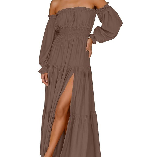 ZESICA Women's 2025 Boho Sexy Off Shoulder Long Sleeve Smocked High Waist Side Split Flowy A Line Tiered Long Maxi Dress