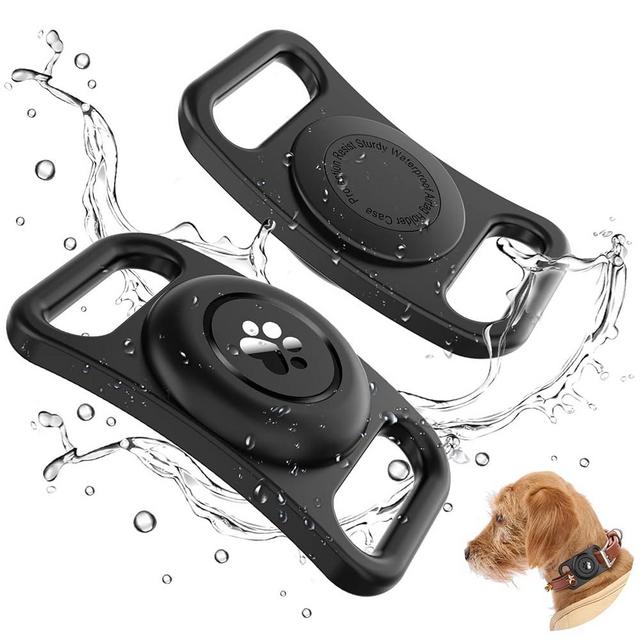 [2 Pack] Waterproof AirTag Dog Collar Holder Case, Silicone Full-Body Protection, Soft Lightweight Stretchable Design for Dog Collars (Black)