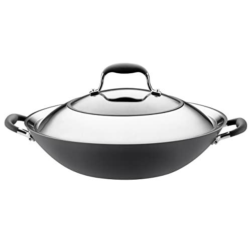 Anolon Advanced Hard Anodized Nonstick Stir Fry Wok Pan with Lid, 14 Inch, Gray