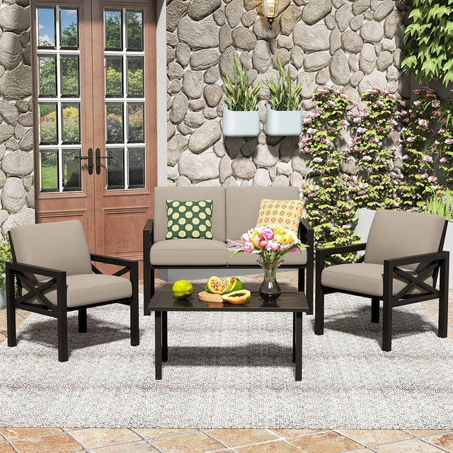 NATURAL EXPRESSIONS Outdoor Patio Furniture 4 Pieces Set, Modern Patio Conversation Sets, Outdoor Sectional Metal Sofa with 5.5 Inch Cushion and Coffee Table,Shale