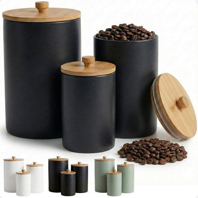 Ceramic Kitchen Canisters for Countertop Set of 3 with Airtight Bamboo Lids - Black Kitchen Canisters with Airtight Lids - Flour Sugar Canister Set - Flour and Sugar Containers Farmhouse - Coffee Jar