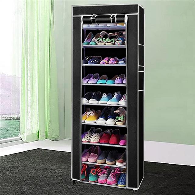 Mekek Shoe Rack Closet, 9 Tier Shoe Rack Organizer - Portable Row Shoe Rack Shelf Cabinet Tower for Closet with Nonwoven Fabric Cover (Black)