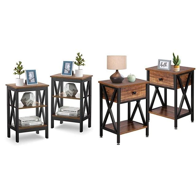 VECELO Versatile Side/End Table with Storage Shelf Nightstands (Set of 2), Shelves, Retro Brown & Nightstand Modern Side End Sofa Table Night Stand with Bin Drawer, Set of 2, Brown