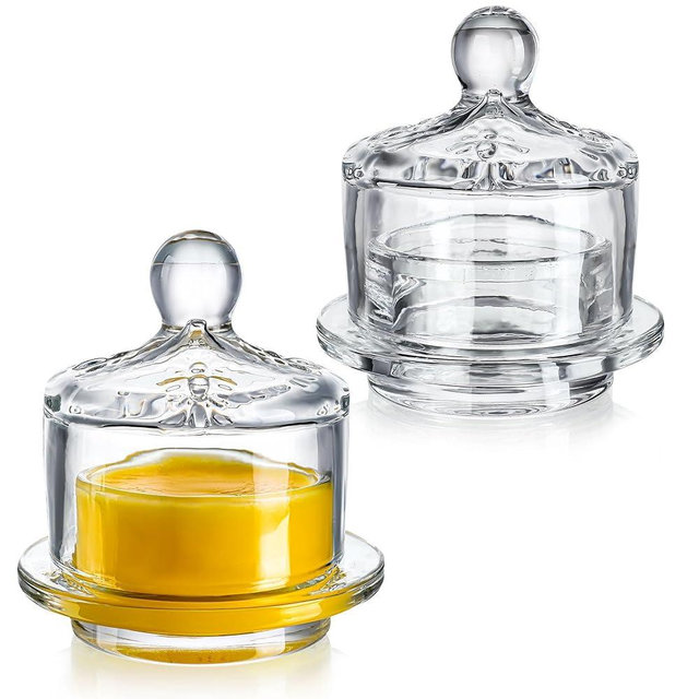 2 Pack Clear Glass Butter Dish with Lid for Countertop, Small Round Glass Butter Dish with Cover for Refrigerator, Cute Crystal Butter Holder Tray