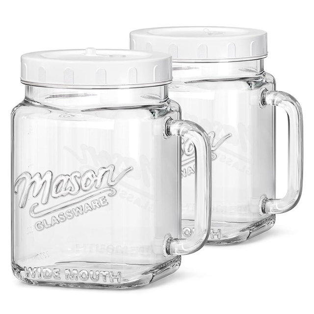 Sovietiep 2 Pack Glass Wide Mouth Mason Jars, 74 oz Large Mason Jars with Handles for Sealing, Glass Jars for Food Storage, Overnight Oats, Dry Food, Snacks, Candies, DIY Projects