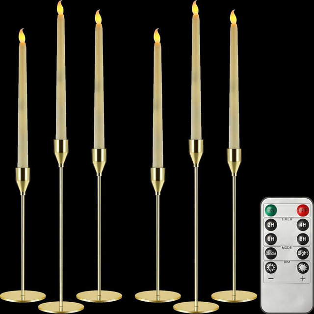 Baquler Set of 6 Flameless Taper Candles and Candlestick Holder with Remote and Timer LED Candlesticks Decorative Candlestick Holder for Dining Table Fireplace Party Home Wedding Anniversary(Gold)