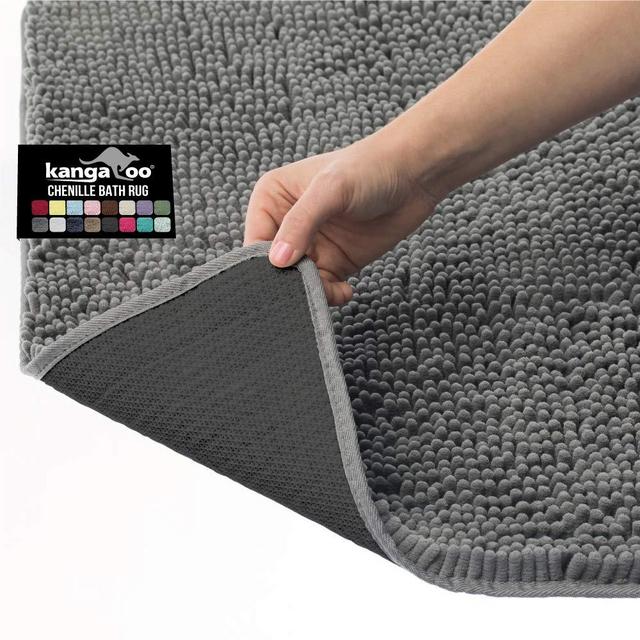 Kangaroo Plush Luxury Chenille Bath Rug, 24x17, Extra Soft and Absorbent Shaggy Bathroom Mat Rugs, Washable, Strong Underside, Plush Carpet Mats for Kids Tub, Shower, Bathtub and Bath Room, Gray