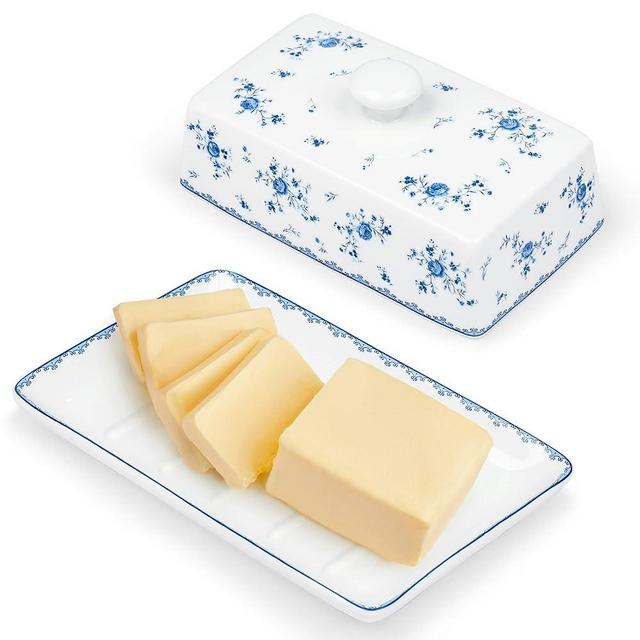 fanquare Porcelain Butter Dish with Lid for Countertop, Rose Butter Holder,Butter Dish with Cover, Blue