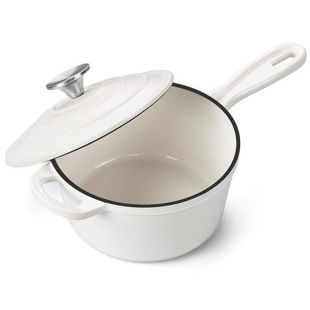 Onader 2 Quart Saucepan Dutch Oven, Enameled Cast Iron Sauce Pan Pot with Lid, Small Cooking Kitchen Pot, Nonstick & Oven Safe – White