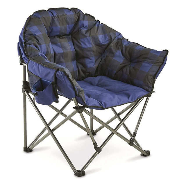 Guide Gear Club Camping Chair, Oversized, Portable, Folding with Padded Seats, 500-lb. Capacity, Blue Plaid