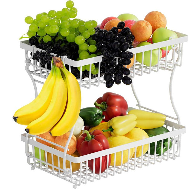 Nbwxcwbs Fruit Basket,2-Tier Fruit Bowl with Banana Hanger,Kitchen Storage Countertop Rack,Fruit Metal Bowls Perfect for Holding Fruit,Vegetables,Snacks(White)