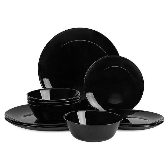 LaGlint Dinnerware Sets for 4, 12 Pieces Opal Glass Plates and Bowls Set, Dishwasher and Microwave Safe Dish Dinning Ware, Chip and Scratch Resistant Dishware Black