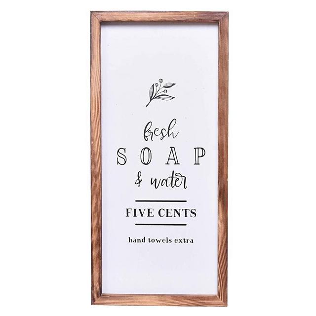 Farmhouse Bathroom Decor - Modern Rustic Wall Art Home Decor - Fresh Soap and Water - Cute and Funny Solid Wood Framed Printed Sign for Bath, Toilet, Restroom, Half Bath, Decoration - 8x17 Inches
