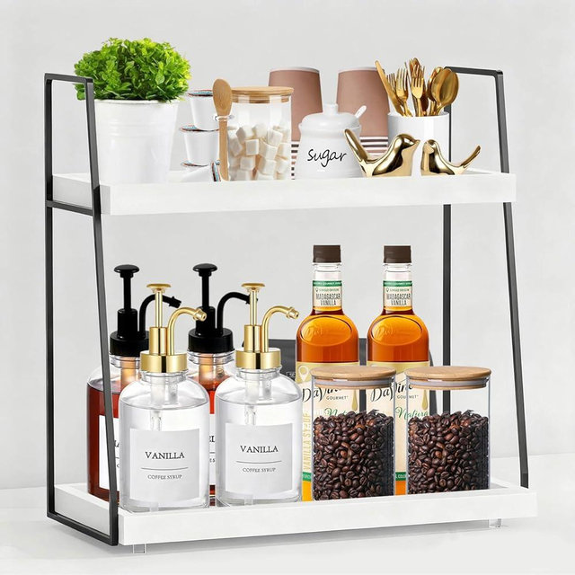 2087 Countertop Coffee Station Organizer, 2 Tier Large Coffee Bar Organizer for Accessories Storage, Stable Metal Wooden Shelf Syrups Holder Condiments Rack