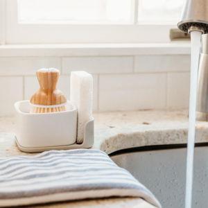 Full Circle Bubble Up Combo - Elegant Gray Ceramic Soap Dish with Plant-Based Sponge & Bamboo-Handled Dish Brush - Versatile Natural Kitchen Cleaning Set Tool for Pots, Pans, Counter & Sink, White