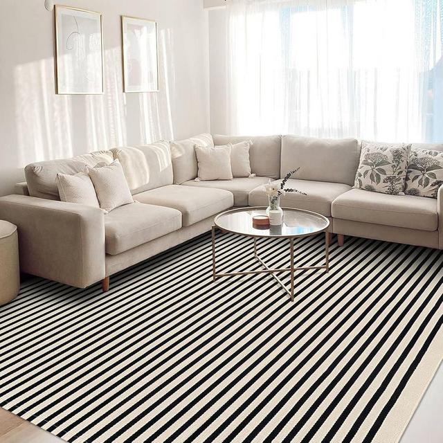 KOZYFLY Black and Beige Striped Rug 8x10 Ft Area Rug Washable Indoor Outdoor Rug Cotton Outdoor Patio Rugs Farmhouse Rugs for Living Room Carpet for Patio Dining Room Bedroom