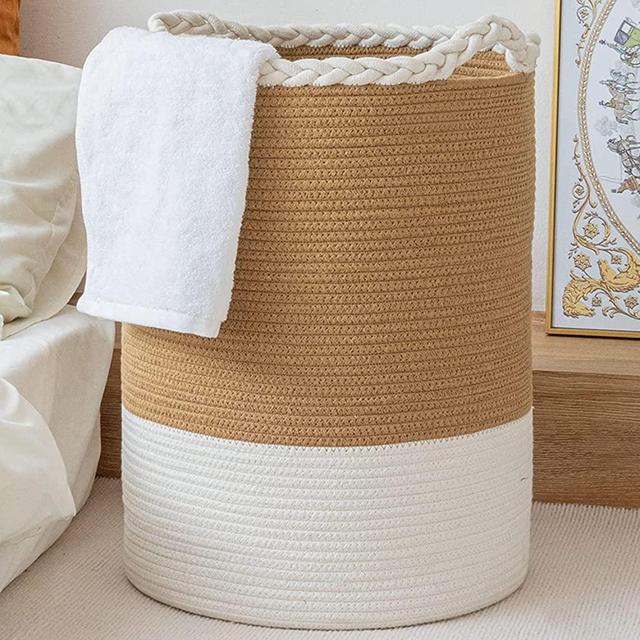Homlikelan 72L Woven Laundry Basket,Tall Wicker Laundry Basket for Blankets,Clothes,Pillows,Toys,Shoes Large Cotton Laundry Hamper for Bedroom Living Room Bathroom Nursery White Brown