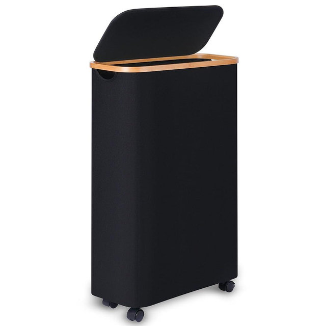 Merkisa Slim Laundry Basket with Wheels,Narrow Hampers for Laundry,Freestanding Laundry Hamper with Lid&Bamboo Handles,Collapsible & Waterproof Tall Cloth Hamper for Dorm Family(60L Black)